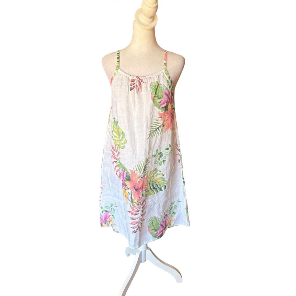 Lungo LArno Pure Linen Floral Dress Or Beach Coverup Womens Size Med White Pink